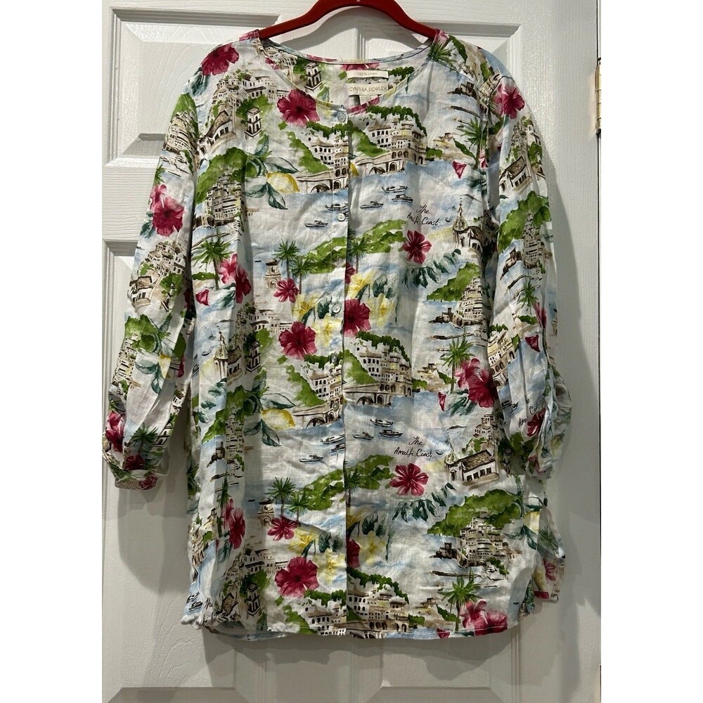 Cynthia Rowley Button Down Linen Shirt Amalfi Coast Print Size 1XL